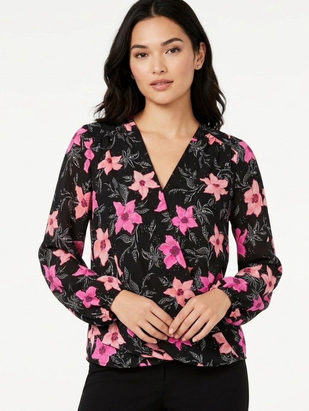 INC International Concepts Black Blouse with Pink Floral Print Size M